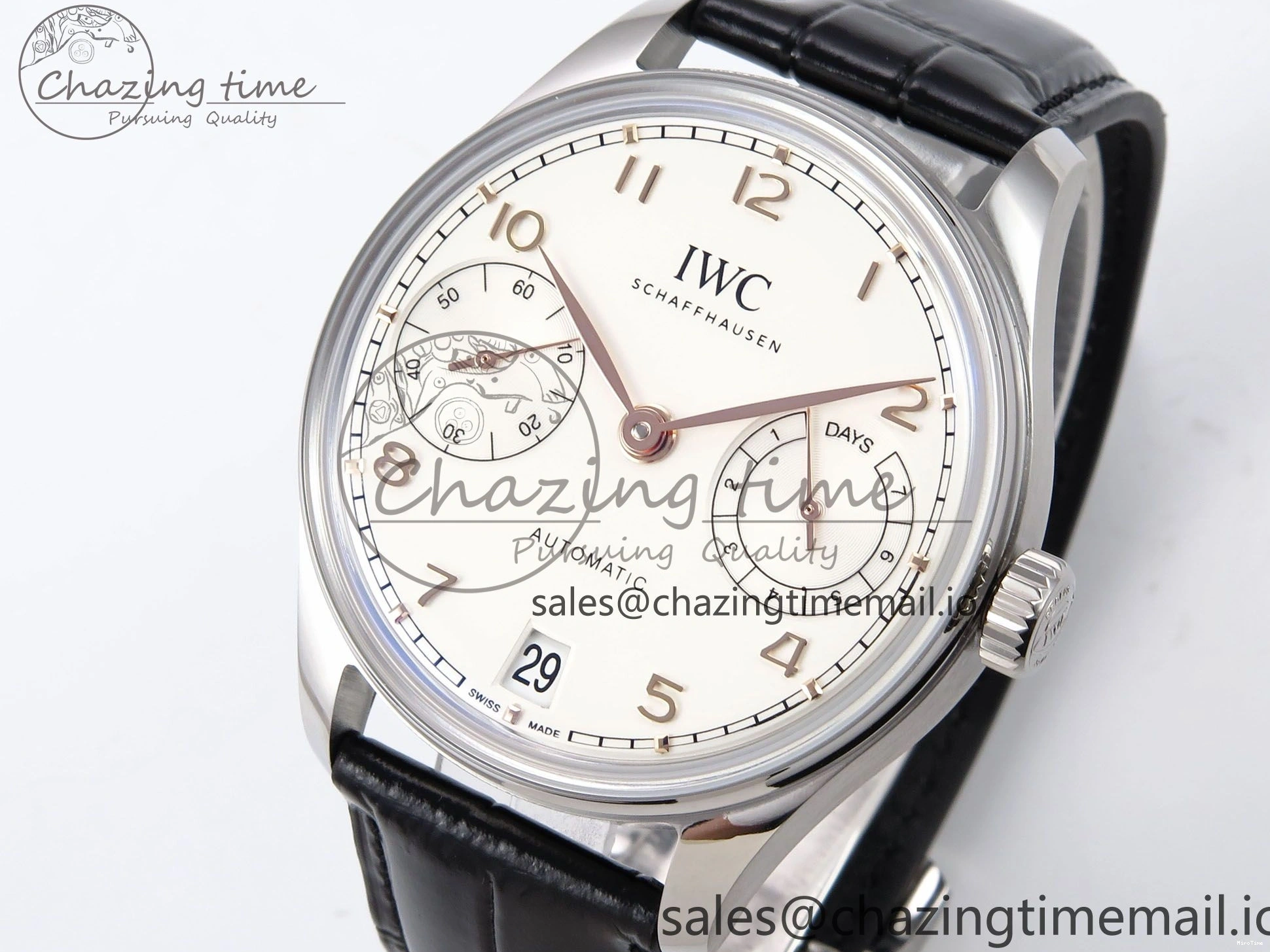 MIROTIME 0214 OnTrend Portugieser Automatic 42mm SS APSF 1:1 Best Edition White RG Dial on Black Leather Strap A 7010